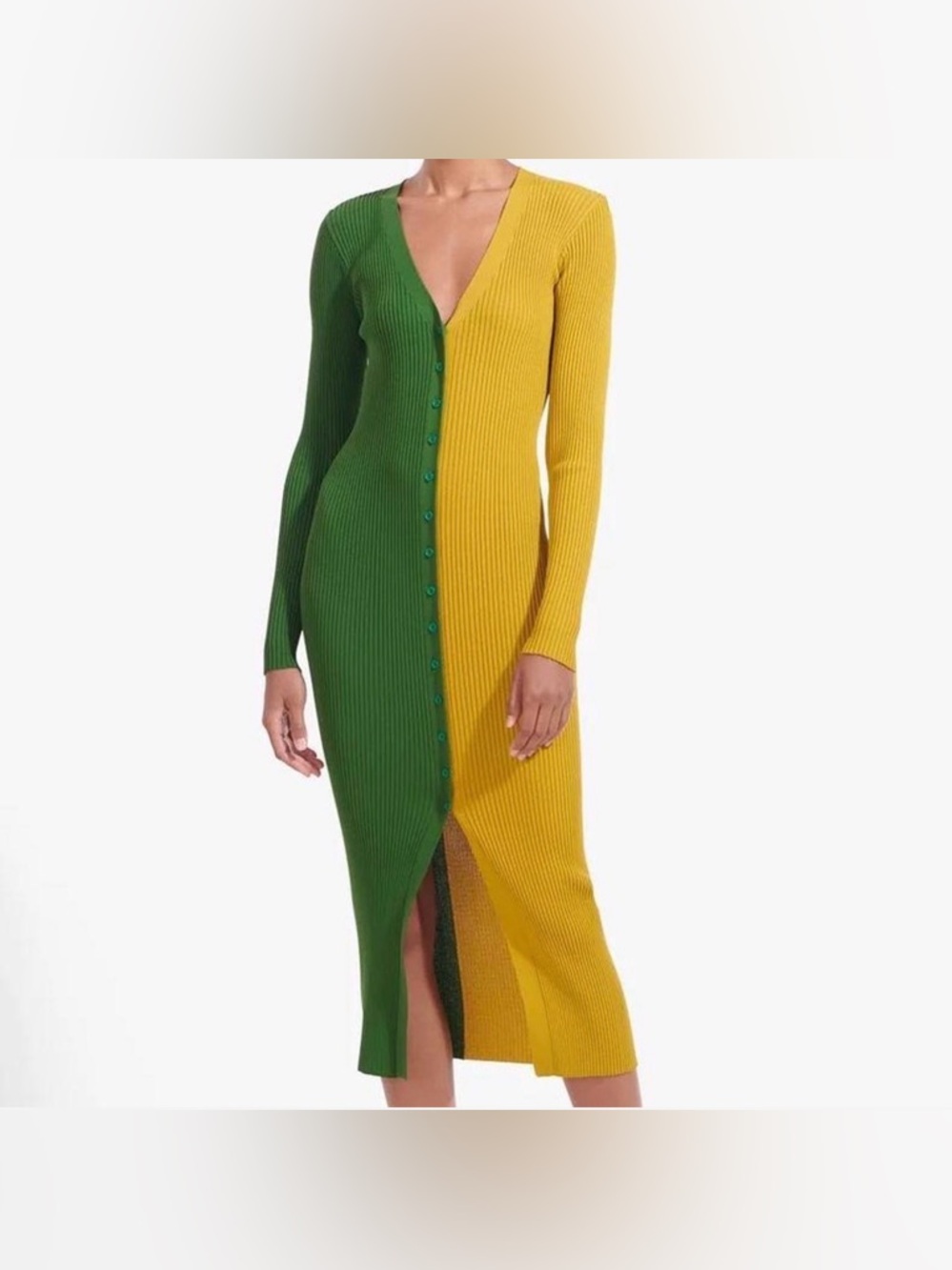 STAUD Two-Tone Ribbed Button-Front Midi Dress in Green and Mustard